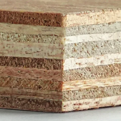 Edge of an MR plywood board, showing its layers.