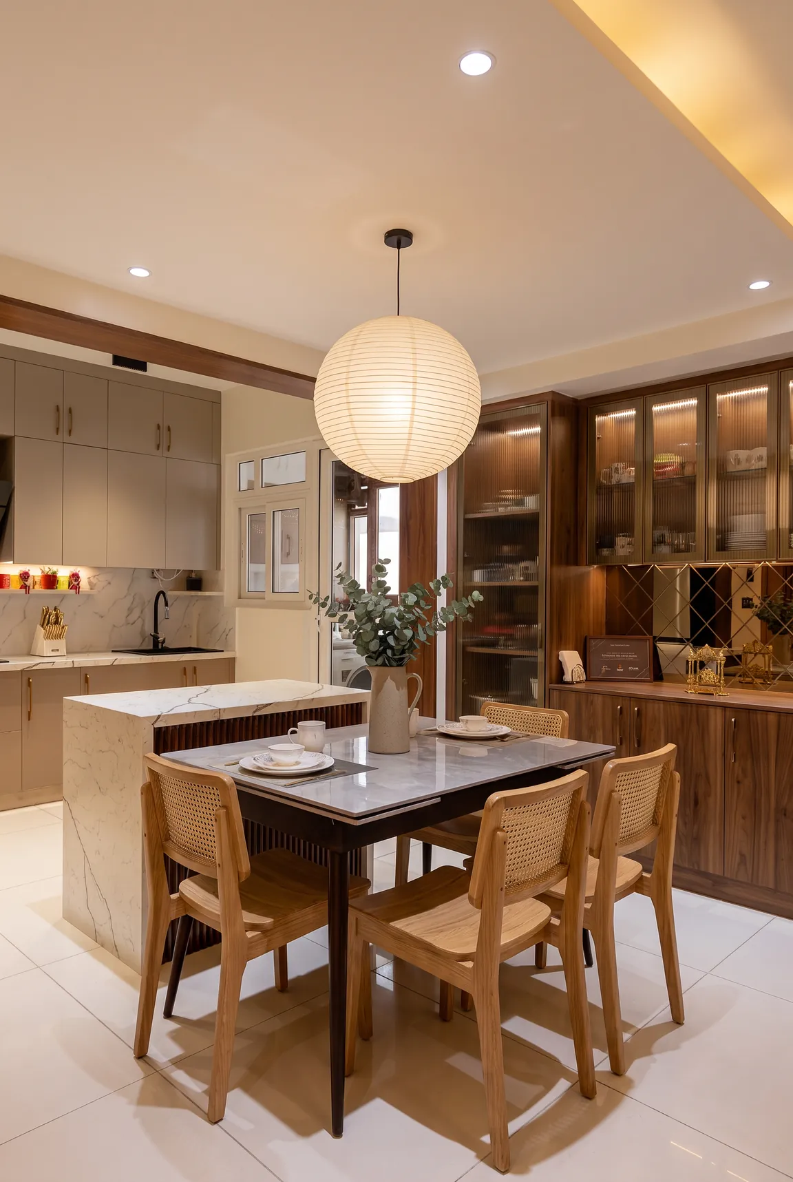 A dining room with a walnut and bronze-glass crockery unit and a paper lantern above the table.