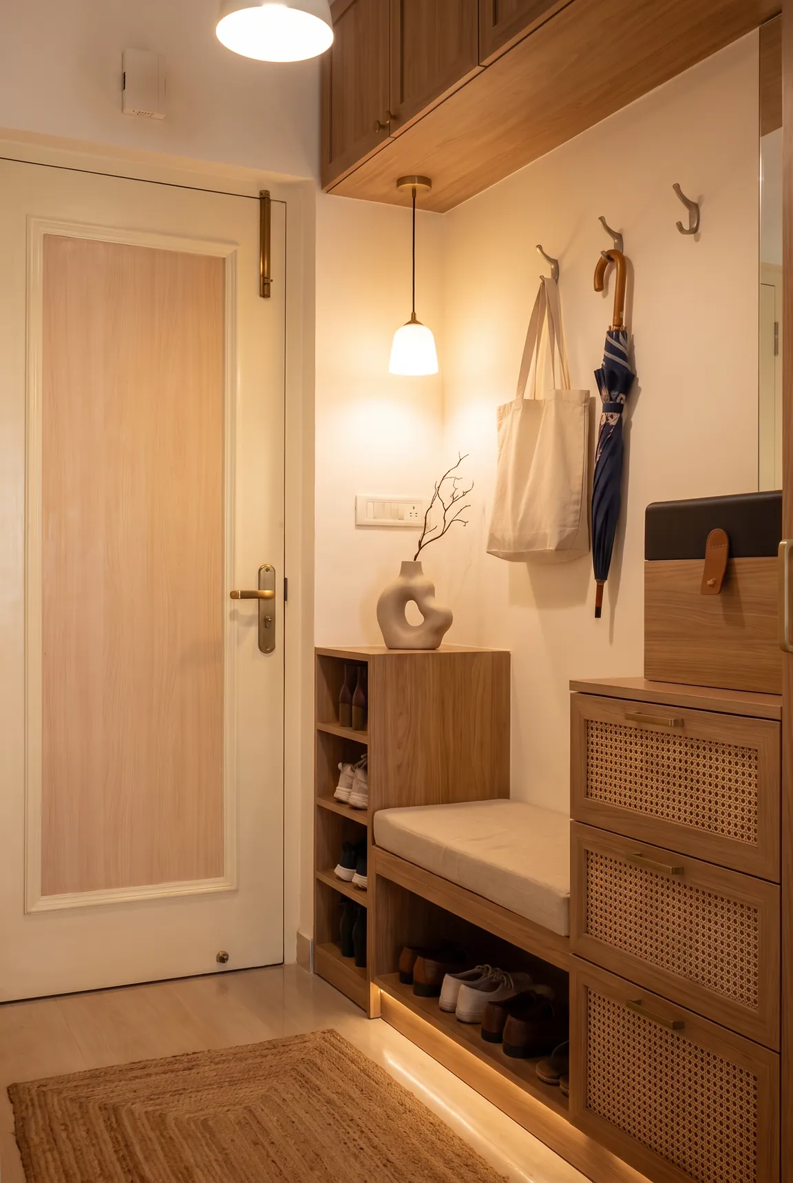 An entrance with oak loft cabinets, an open shoe rack, a cushioned bench and cane-fronted shoe drawers.